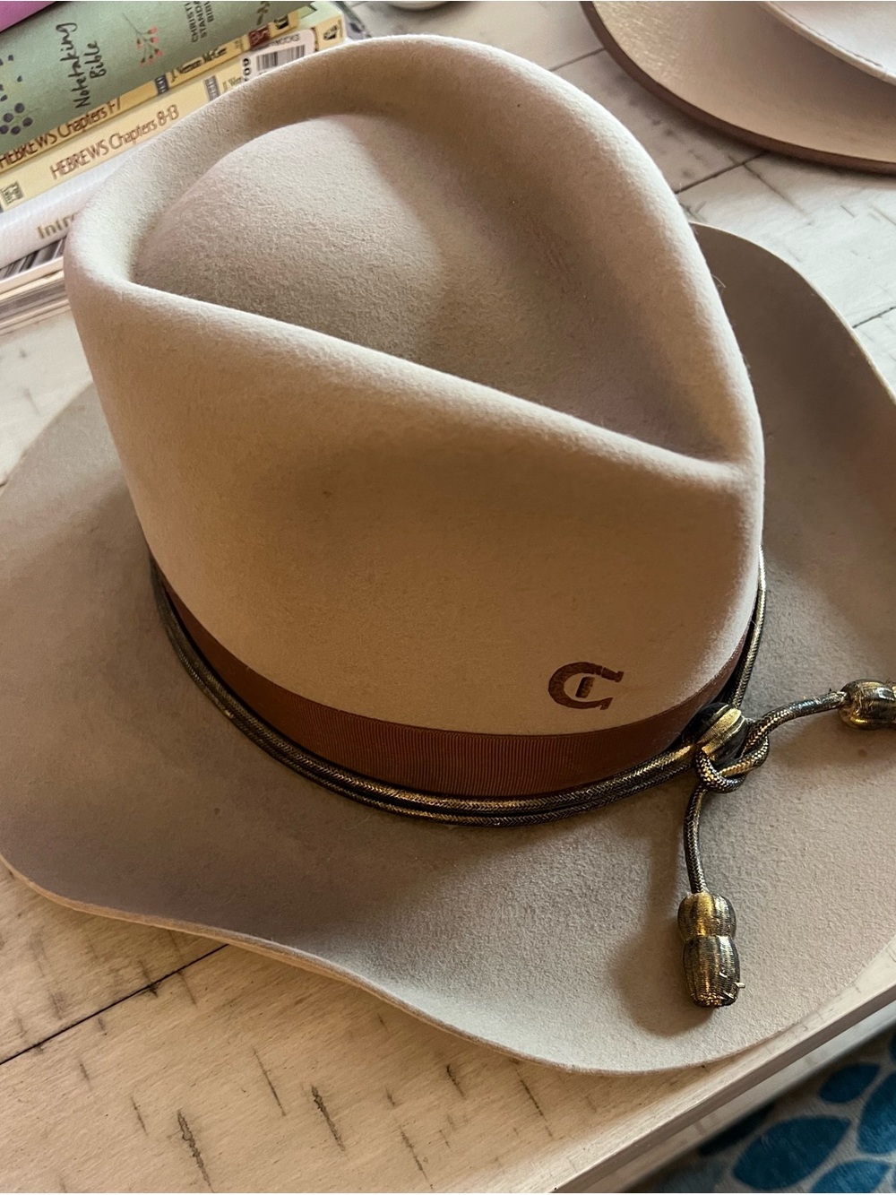 Men's Cream Felt Western Hat with Brown Band and Decorative Cord